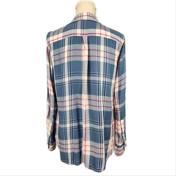 Woolrich Button Down Flannel Shirt Womens Sz L Blue Pink Plaid Long Tab Sleeve - Picture 2 of 7
